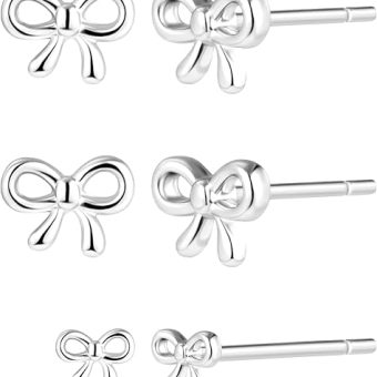 Gold|Silver Bow Earrings for Women, Cute Stud for Teen Girls' Sensitive Ears with Hypoallergenic 925 Sterling Silver Post, 3 Pairs Dainty Multiple...