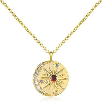 Gold Sun and Moon Necklace for Women 14K Gold Plated Moon and Sun Pendant Choker Necklace with Colorful Cubic Zirconia Adjustable Chain Circle...