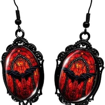 Gothic Bat Cameo Earrings,Vintage Crystal Glass Bat Dangle Earrings Punk Style Dark Oval Earrings Goth Victorian Earrings Festival Jewelry for Women