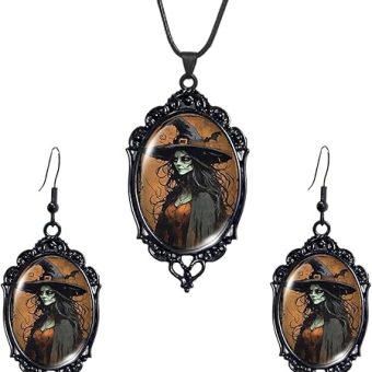 Gothic Witch Earrings Necklace Set Mystery Witch Cameo Earrings Punk Witch Necklace Vintage Crystal Glass Witch Dangle Earrings Goth Victorian...