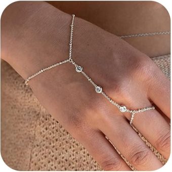 Hand Chain Bracelet 14K Plated Gold Bracelet Stack Finger Ring for Women Adjustable Rhinestone Ring Bracelet Hand Chain for Women Trendy Jewelry...