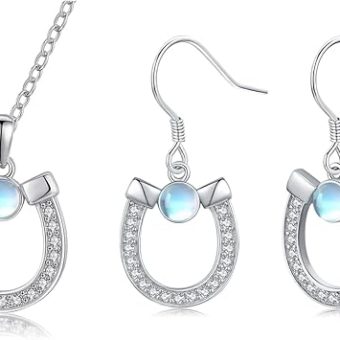 Horseshoe Necklace and Earrings 925 Sterling Silver Horse Jewelry Moonstone Western Country Pendant Gifts for Women