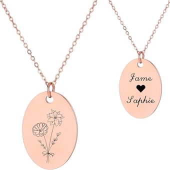 INBLUE Personalized Engraved Birth Flower Disc Necklace for Women Customized Text Stainless Steel Round Pendant Combined Birth Flower Bouquet...