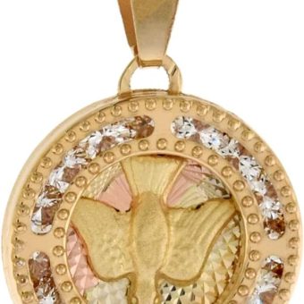 Inc. 0.5-0.75 inch (13-15mm) Round Genuine 14K 3-Color Gold Cubic Zirconia Descending Dove Holy Spirit Necklace for Women & Men Diamond Cut Back...