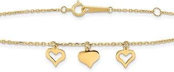 Jewelry Affairs 14k Real Yellow Gold 3 Heart Charm 9" to 10" Adjustable Anklet