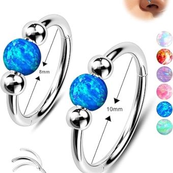 Jewseen 2PCS 316L Surgical Steel Nose Rings Hoop 18g 20g Opal Nose Rings for Women Septum Rings 8mm/10mm Nose Piercing Jewelry Cartilage Earring