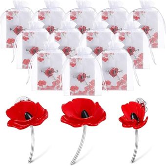 Juexica 48 Set 3D Poppy Lapel Pin Badge Alloy Souvenir Gifts Red Poppy Lest We Forget Memorial Brooch Pin Badge with Card Organza Bag for Military...