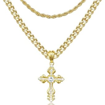 KissYan Layered Cross Necklace for Women, 14K Gold Plated Cubic Zirconia Pendant Necklaces Cross Faith Necklaces, Gold Cross Choker Trendy Jewelry...