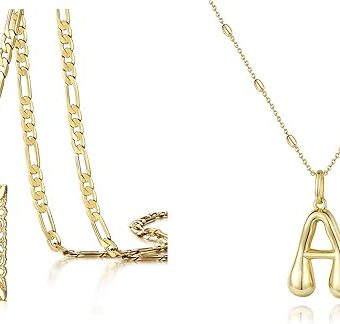 KissYan Square 14K Gold Plated Initial A Letter Pendant Necklace with Bubble Letter Necklace