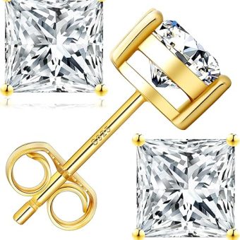 KRKC&CO Moissanite Studs Earrings for Women, 925 Sterling Silver D Color VVS1, Lab Created Princess Cut Diamond White Gold Plated Earring,...