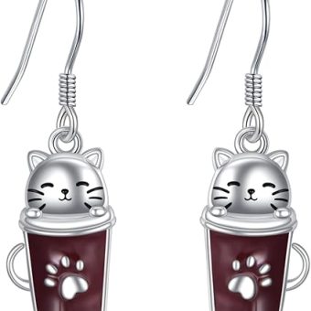 KZX Cat Coffee Cup Dangle Earrings for Women 925 Sterling Silver Cute Animal Cat Drop Earrings Jewelry Gifts for Christmas Birthday