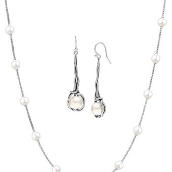 LeCalla 925 Sterling Silver Pearl Jewelry Set for Women | Combo of Freshwater Pearl Drop Earrings and Italian Pearl Station Chain Necklace | Pearl...