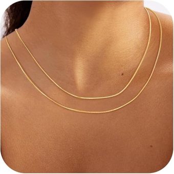 MBW Gold Layered Necklaces for Women, Dainty 14K Gold Plated Herringbone Chain Choker Necklaces Layered Simple Thin Snake Twisted Chain Gold...