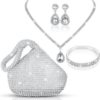 Meanplan 4 Pcs Silver Clutch Purse Jewelry Set for Women Evening Rhinestone Purse Silver Accessories for Women Bride Wedding Jewelry