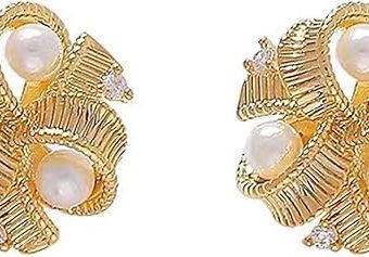 Metal Woven Fried Dough Twists Natural Pearl Earrings Fashion Luxury Flower Earrings Women's Jewelry Gift