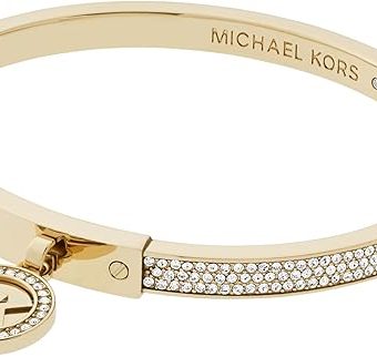 Michael Kors Stainless Steel and Pavé Crystal MK Logo Bangle Bracelet for Women, Color: Gold (Model: MKJ5976710)