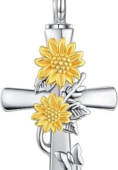 MONGAS Sunflower Cross Urn Necklace for Ashes Sterling Silver Sunflower Cross Cremation Pendant Necklace for Ashes Sunflower Cross Cremation...