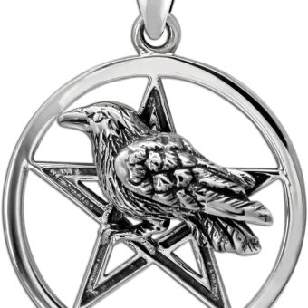 Moonlight Mysteries Raven Crow Pentacle Pendant - Sterling Silver Wiccan Pagan Pentagram Jewelry - 1 Inch Diameter