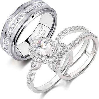 Newshe Jewellery Wedding Ring Sets for Him and Her AAAAA Cz Promise Rings for Couples Women Mens Band Pear Shape Size 5-13