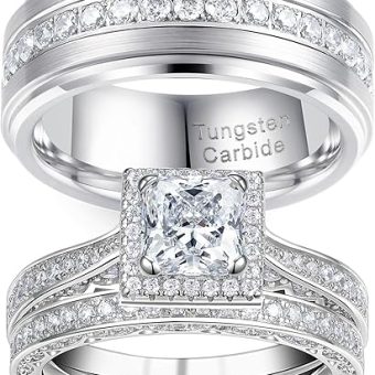 Newshe Jewellery Wedding Ring Sets for Him and Her Women Mens Silver Band Promise Rings Couples 5A Cubic Zirconia Size 5-13