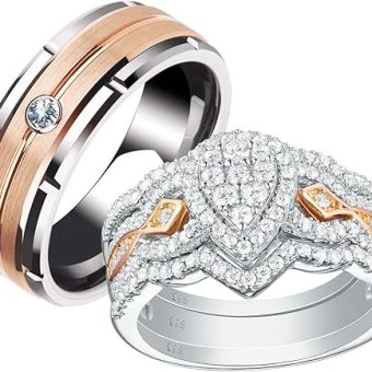 Newshe Jewellery Wedding Rings Set for Him and Her AAAAA Cz Women Mens Tungsten Bands 925 Sterling Silver Rose Gold 5-13