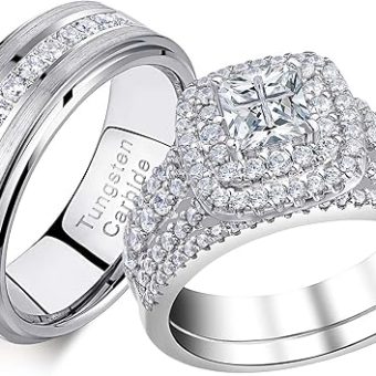 Newshe Jewellery Wedding Rings Set for Him and Her Women Mens Tungsten Bands AAAAA Cz Princess Cross 2.3Ct 925 Sterling Silver Size 5-13