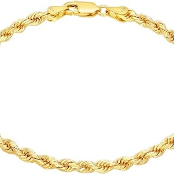 Nuragold 10k Yellow Gold 3mm Rope Chain Diamond Cut Bracelet or Anklet, Womens Mens Jewelry 7"- 9"