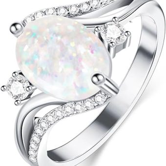 Opal Rings For Women 925 Sterling Silver White Oval Wedding Ring with Zirconia for Engagement Jewelry for Wife Her