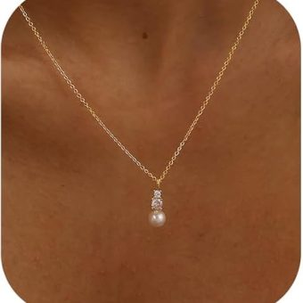 Pearl Necklaces for Women, Dainty Gold Necklace 14K Gold Plated Charm CZ Pearl Pendant Necklace Simple Gold Pearl Choker Necklaces for Women Trendy...