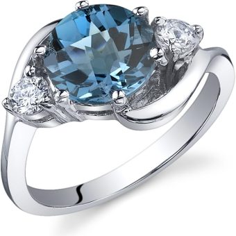 PEORA London Blue Topaz 3-Stone Ring for Women 925 Sterling Silver, Natural Gemstone, 2.25 Carats Round Shape 8mm, Sizes 5 to 9