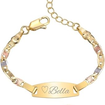 Personalized Child ID Bracelet-18K Gold Plated Tri-Color Chain Custom Name ID Plate Bar Bracelet for Children Toddler from Mom,Engraved Kid Name...