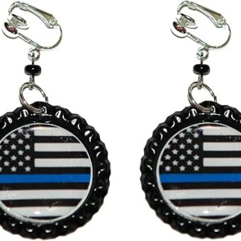 Police Remembrance Thin Blue Line Bottle Cap CLIP ON Dangle Earrings (CAP023clip)