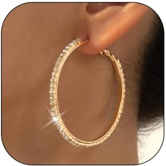 Rhinestone Hoop Earrings for Women Dress Big Gold/Silver Hoop Earrings Large Cross Hoop Earrings Sparkly Hoops Earring Chunky Thick Huggie Hoop...