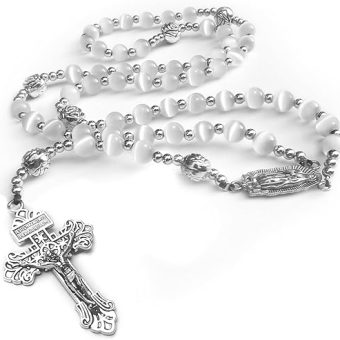 rosary beads catholic for Women,Rosary Necklace for women and men with medal & cross,Rosary white stone beads with stainless steel beads and...