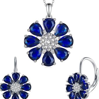 Sapphire Gifts 925 Sterling Silver Blue Sapphire Necklace Blue Sapphire Earrings Flower Jewelry Gifts for Women