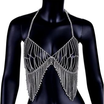 Sexy Big Tassel Rhinestone Bra Top Chain Jewelry for Women Underwear Crystal Body Jewelry Bra Chain Bralette Jewellery Rave Party Nightclub (Color...