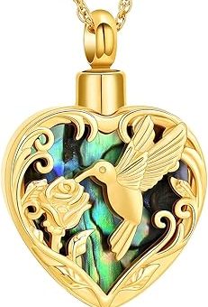 shajwo Cremation Jewelry Abalone Shell Hummingbird Heart Urn Necklace for Ashes for Women Men Memorial Human Ashes Pendant