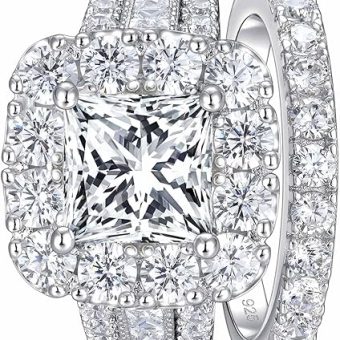 SHELOVES Vintage Style Princess Halo AAAAA CZ Wedding Engagement Ring Sets for Women 925 Sterling Silver 5-10