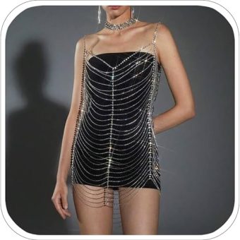 Sparkly Crystal Silver Body Chain Dress for Women Rave Hollow Chain Rhinestone Sexy Body Jewelry Bikini Harness