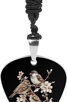 Sparrows Spring Flowers Funny Guitar Pick Necklace Stainless Steel Music Jewelry Personalized Pendant for Men Women