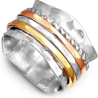 Spinner Ring for Women 925 Sterling Silver with Copper Brass and Silver Fidget Meditaton Wide Band Rings Gift