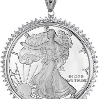 Sterling Silver Cubic Zirconia Silver Eagle Bezel CZ Halo 40.5 mm Coins Prong Back 1 oz Coin NOT Included