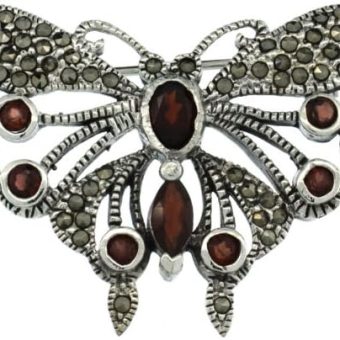 Sterling Silver Marcasite Butterfly Brooch Pin w/Round, Oval & Marquise Cut Garnet Stones, 1 1/4 in. (32mm) tall