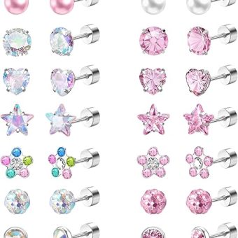 Stud Earrings for Women Trendy, Hypoallergenic Tiny CZ Heart Star Moon 20G Stainless Steel Screw Flat Back Earrings Cartilage Studs Piercing Jewelry