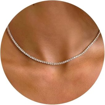 Tewiky Tennis Necklace 14K Gold Plated/Silver Sparking Rhinestone Choker Necklaces Dainty Crystal Cubic Zirconia Bridal Wedding Jewelry for Women