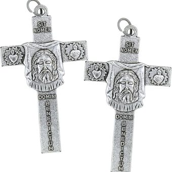 The Face of Christ Crucifix, Blessed Be the Name of the Lord, Catholic Cross Pendant for Jewelry, 2 Inches (Pack of 2)