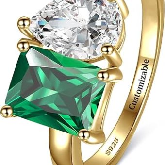 Toi Et Moi Ring 925 Sterling Silver Women Emerald Engagement Ring White/14K Gold Plated 1.5ct 6x8mm Double Stone Ring Emerald & Pear Cut CZ Wedding...