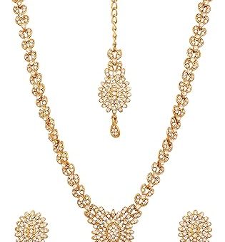 Touchstone Indian Bollywood Modern Style White Rhinestone Designer Jewelry Necklace Set in Gold Or White Or Red Tone for Women.