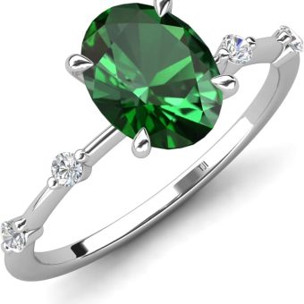 TriJewels Created Emerald Oval Shape (9X7 mm) accented Natural Diamonds Engagement Ring in 14K Gold