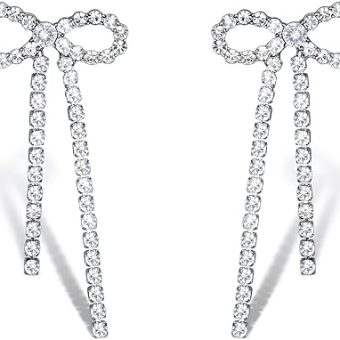 Wecoe Silver Bow Cuff Earrings for Women Girls Earring Cuffs Non Pierced Hypoallergenic Cartilage Clip On Diamond Dangle Tassel Rhinestone Earrings...